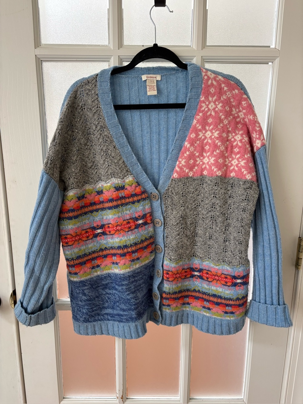 Sundance Multi-Panel Light Blue Ribbed V-Neck Button Cardigan